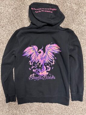 Beautiful Disaster Women's Black Hoodie Purple-Pink Phoenix Graphic